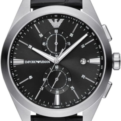 Emporio Armani Claudio Chronograph Black Dial Black Leather Strap Watch For Men - AR11542
